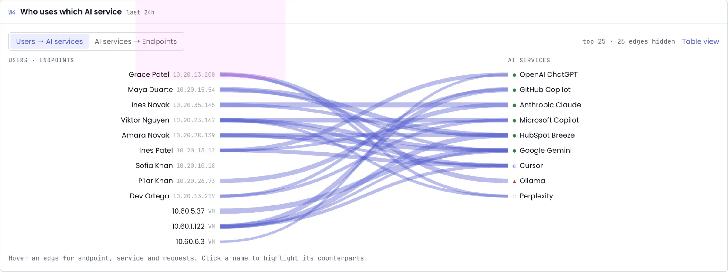 Traffic-flow graph mapping users and endpoints to AI services by request volume